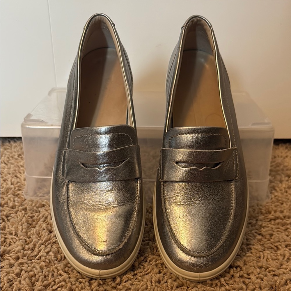 Ecco Silver Penny Loafers with Metallic Finish